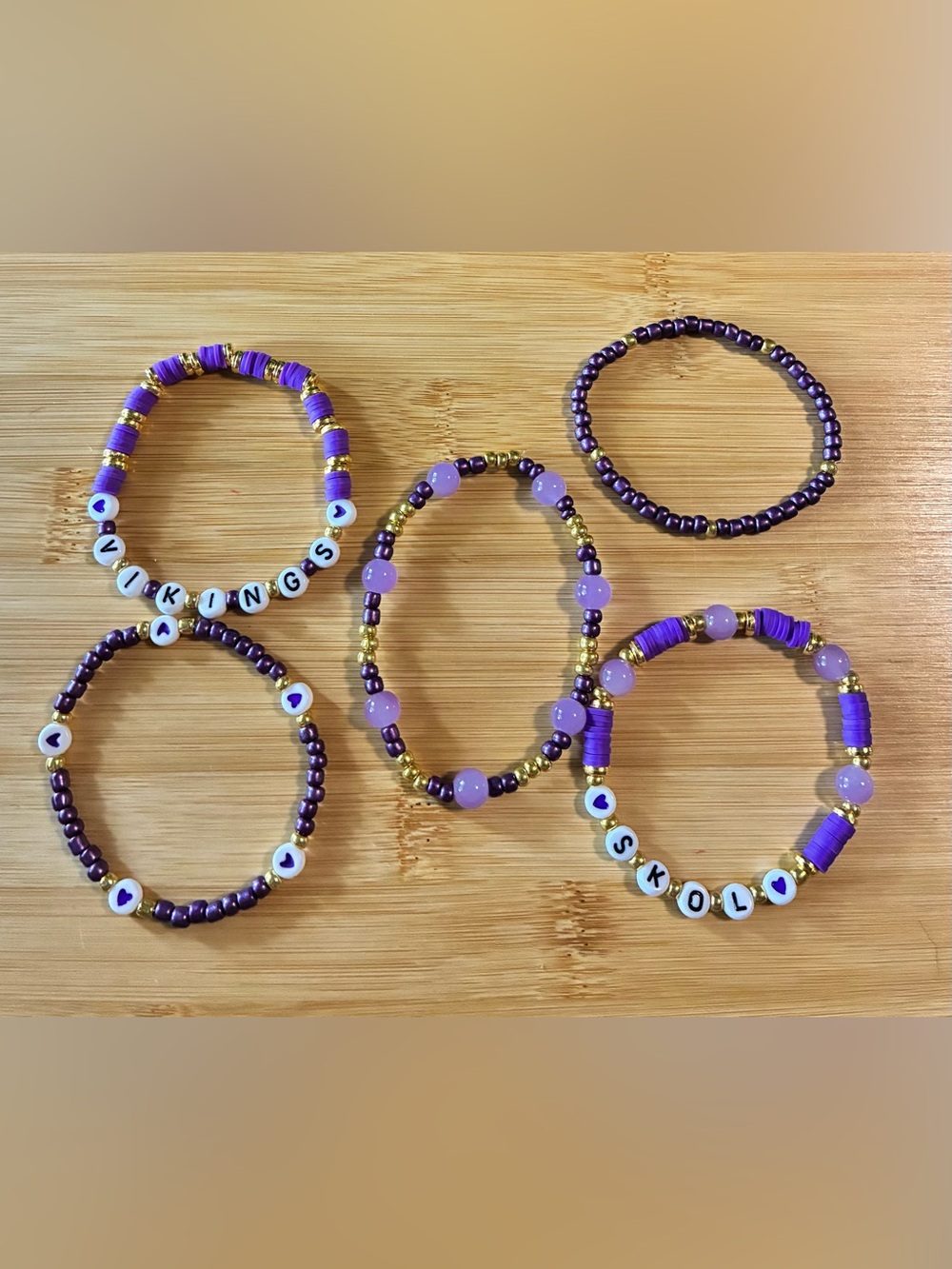 Vikings Purple & Gold Beaded Stretch Bracelet Stack - Picture 2 of 4